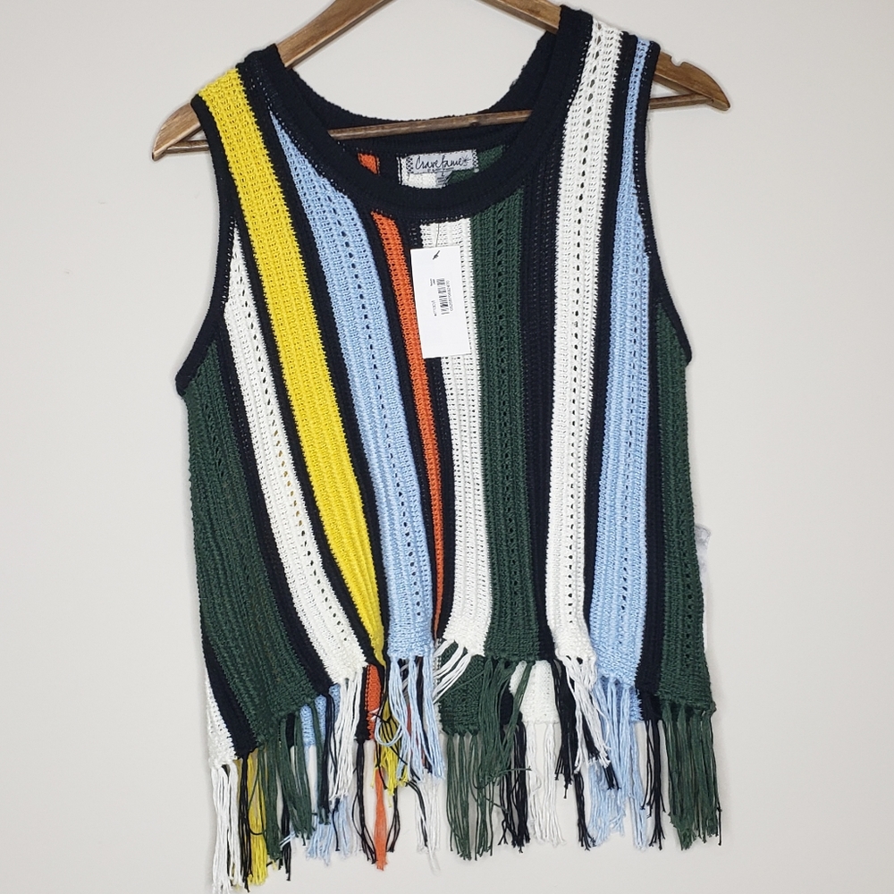 Crave Fame Boho Fringe Crochet Knit Tank Top Festival Size L NWT